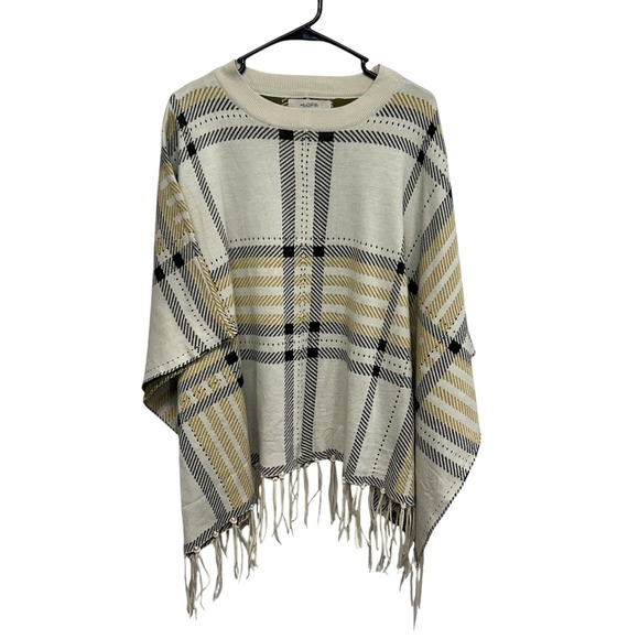 LOFT Plaid Fringe Poncho Cape Sweater Cozy Cottagecore Preppy Fall Layer L - Picture 1 of 8